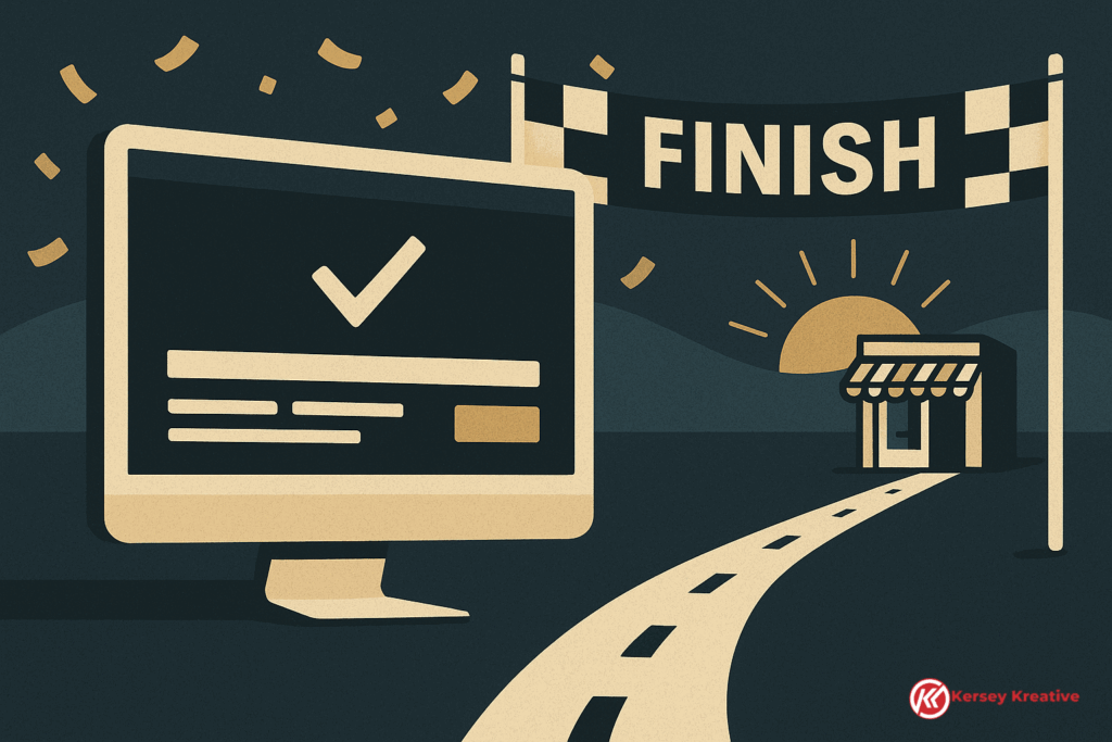 Illustration of a website launch framed as a race with a finish line and storefront, symbolizing post-launch growth.