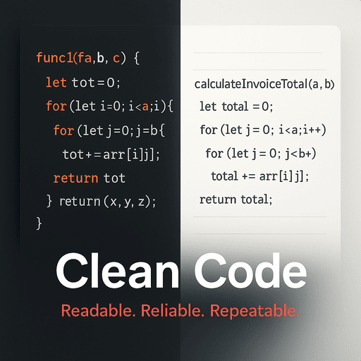 Side-by-side comparison of messy code and clean code with the tagline "Readable. Reliable. Repeatable."
