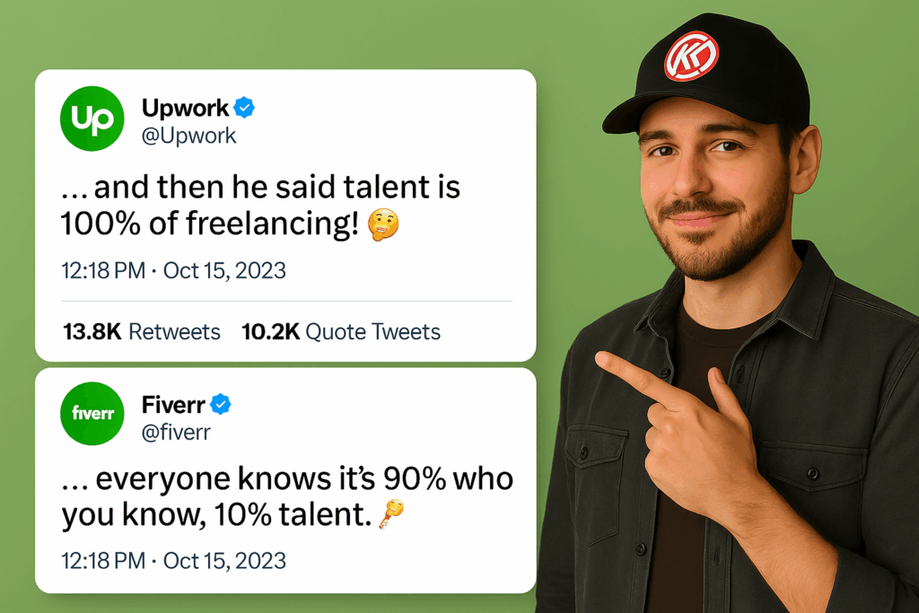 Freelancing truth — Upwork and Fiverr posts about talent vs networking, branded with KerseyKreative.