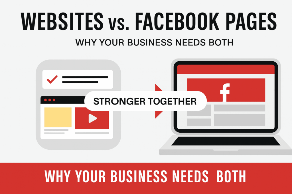 Illustration comparing a website and a Facebook page with the message “Websites vs. Facebook Pages: Why Your Business Needs Both.”